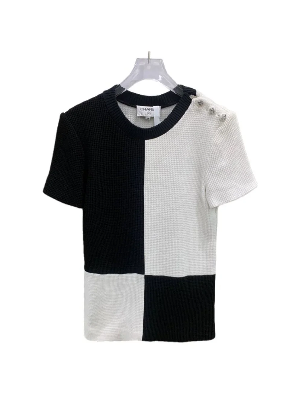 Chanel 21C Black & White Color-Block Cotton Button Detail T-Shirt
